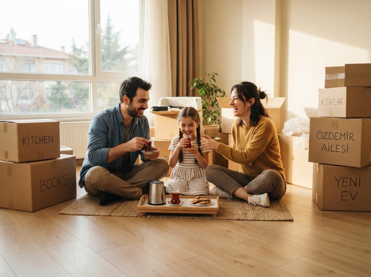 Yeni evinde çay içen aile